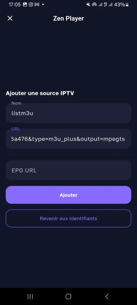 Lien M3U ou Xtream codes, entrez les informations de liste