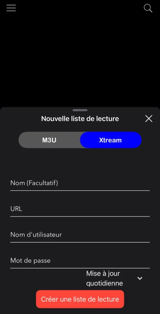 entrer les codes Xtream ou liste de lecture M3U